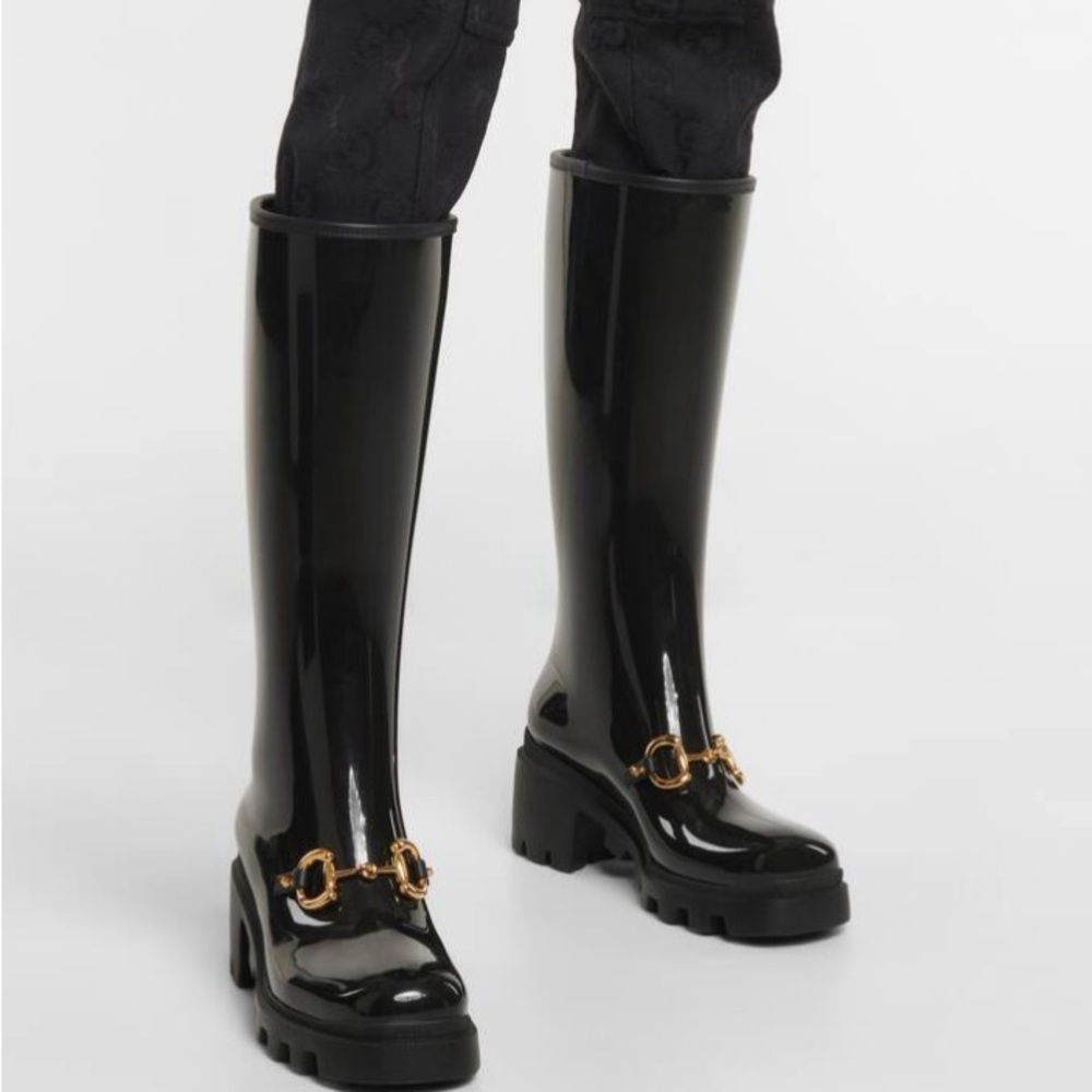 Gucci horsebit knee-hi rain boots.